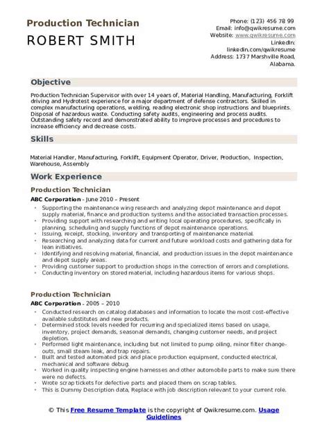 Production Technician Resume Samples | QwikResume