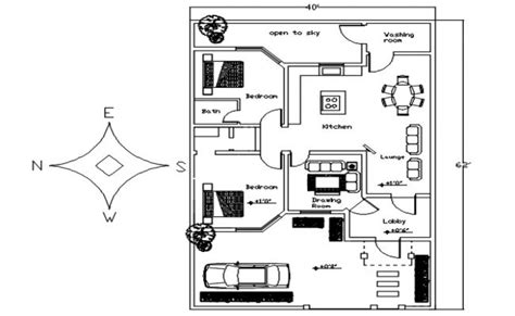 Floor plan of house 40' x 62' with furniture details in AutoCAD | Open ...