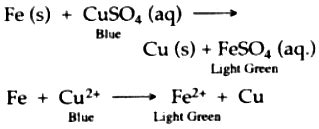 Why does blue colour of CuSO4 solution slowly disappear when iron rod ...