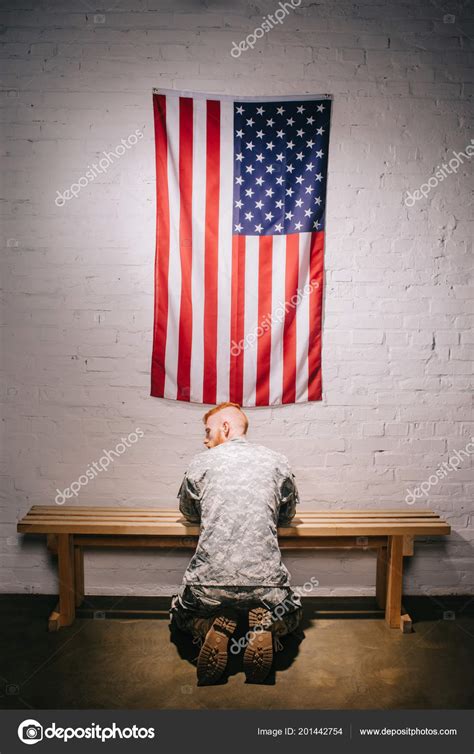 Rear View Soldier Military Uniform Praying American Flag White Brick ...