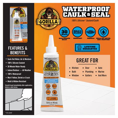 Gorilla Waterproof Caulk & Seal 100% Silicone Sealant, Clear, 2.8oz Squeeze Tube (Pack of 2 ...