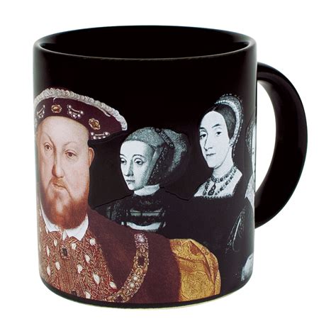 a black coffee mug with an image of three people in renaissance garb on it