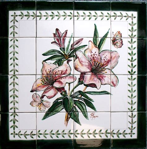 Carolyn Payne murals- hand ceramic painted tile mural/ Lily design taken from client's dishware ...