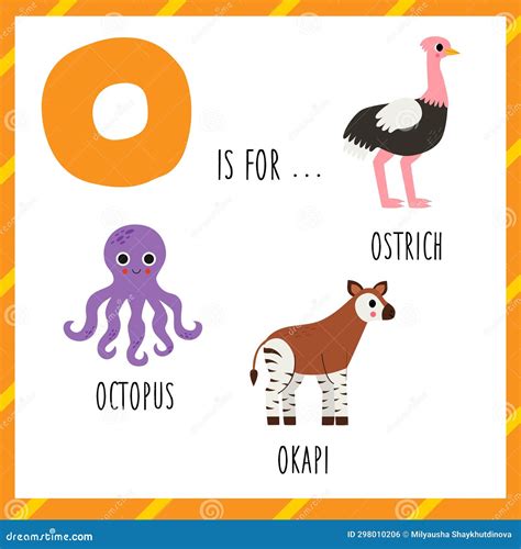 Learning English Alphabet for Kids. Letter O. Cute Cartoon Octopus Okapi Ostrich. Stock Vector ...