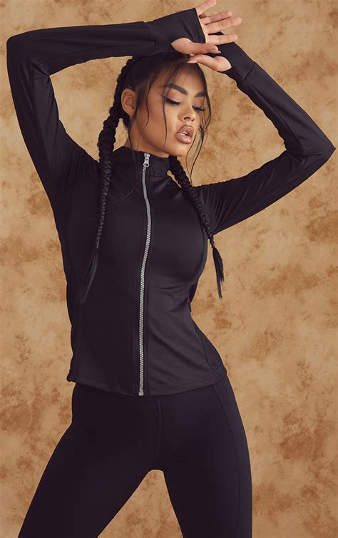 Black Mesh Panel Zip Up Sports Jacket | PrettyLittleThing