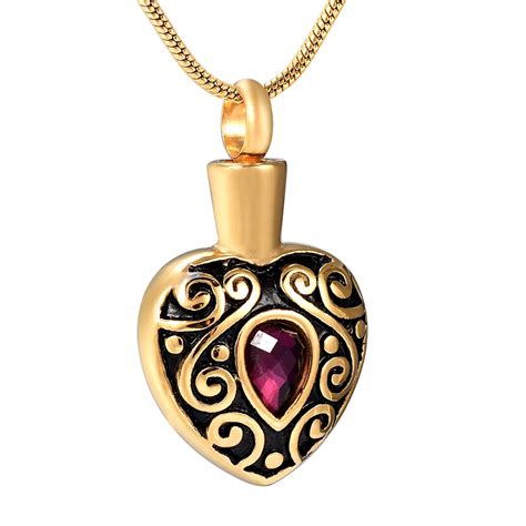 Gold Birthstone Heart Cremation Jewelry for Ashes Pendant Memorial Urn Necklace Stainless Steel ...