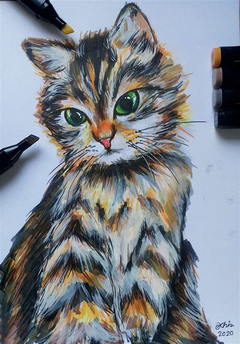 a drawing of a cat with green eyes sitting on top of a white table next to markers