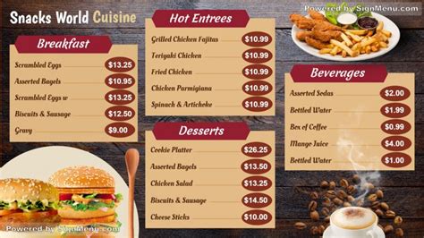 Digital menu board for snacks world for restaurants