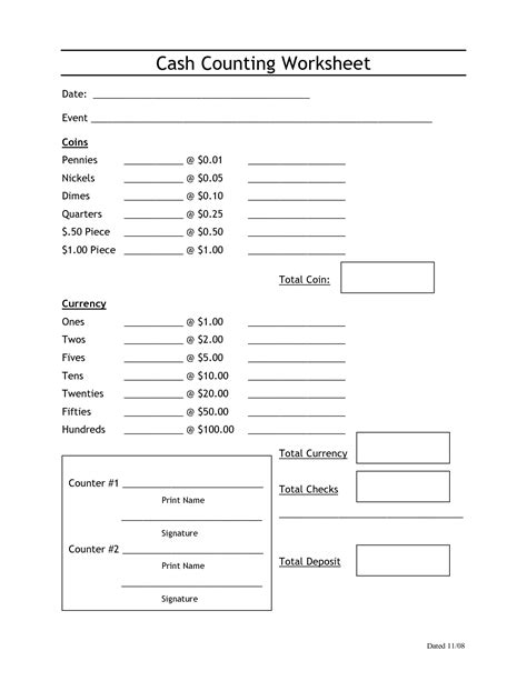 Printable Cash Count Sheet Excel