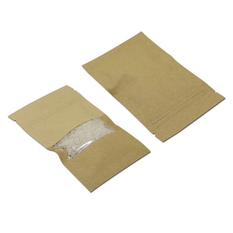 100Pcs Kraft Paper Zip Lock Packaging Bags with Clear Window Resealable ...