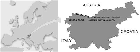 geographical location of the cave Snežna jama na planini Arto ...