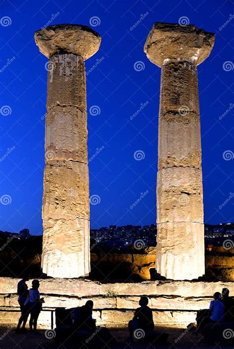 Ruined Temple of Heracles Columns in Famous Ancient Valley of Temples on Blue Hour Sunset in ...