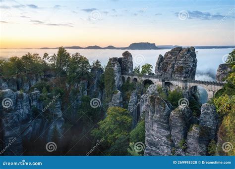 Bastei Bridge (Basteibrucke) at Sunrise with Fog - Bastei, Saxony ...