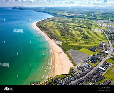 Aerial view over Royal Portrush Golf course, Co. Antrim, Northern ...