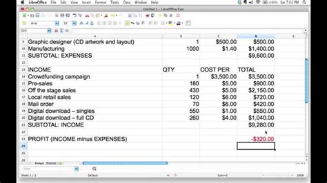 Using spreadsheet formulas to figure out profit or loss in a budget - YouTube