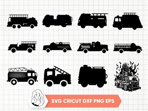 Fire Truck SVG Bundle Set, Fire Truck Silhouette Black Clipart