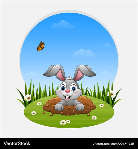 Cartoon rabbit come out of the hole on the grass Vector Image