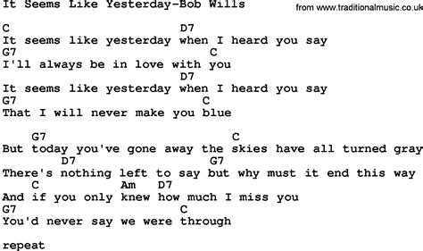 Country Music:It Seems Like Yesterday-Bob Wills Lyrics and Chords