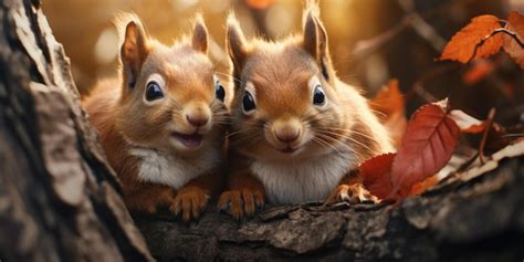 Premium AI Image | Two funny little squirrels in the autumn forest look ...