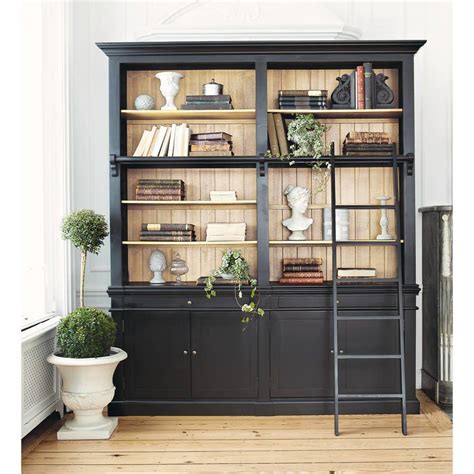 Black Solid Pine Bookcase with Ladder Versailles | Maisons du Monde