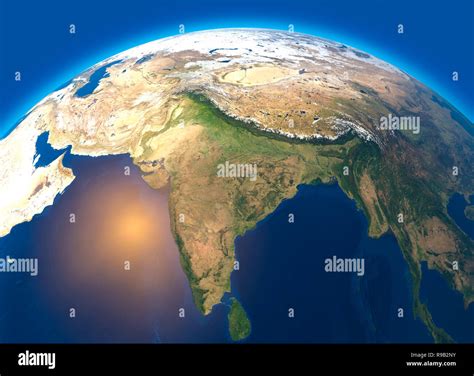 Physical map of the world, satellite view of India. Asia. Globe. Hemisphere. Reliefs and oceans ...