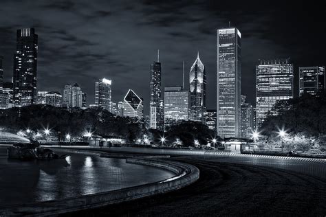 Chicago Skyline Black White Night Photography Photograph by Anna Floridia