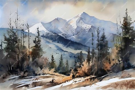 Premium Photo | A watercolor painting of a snowy mountain landscape.