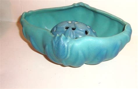 Vintage Flower Frog & Console Bowl Vase Van Briigle Turquoise Ming Blue ...