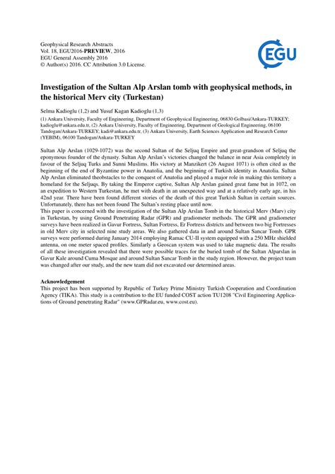 (PDF) Kadioglu, S., Kadioglu, Y.K, 2016. "Investigation of the Sultan Alp Arslan tomb with ...