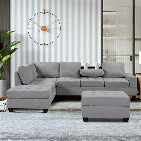 3 Piece Convertible Sectional Sofa L-Shaped Couch with Reversible Chaise Lounge Storage Ottoman ...