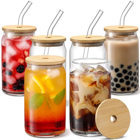 [ 6pcs Set ] Glass Cups with Bamboo Lids and Glass Straw - Beer Can Shaped Drinking Glasses, 16 ...
