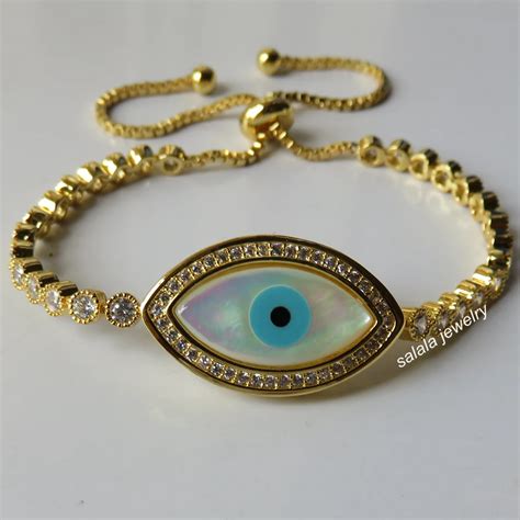 Adjustable 925 Sterling Silver18K Gold Evil Eye Bracelet Turkey Blue Evil Eye Mother Of Pearl ...