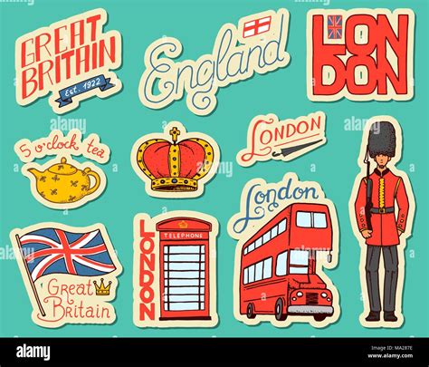 British vintage stickers, Crown and Queen, teapot with tea, bus and ...