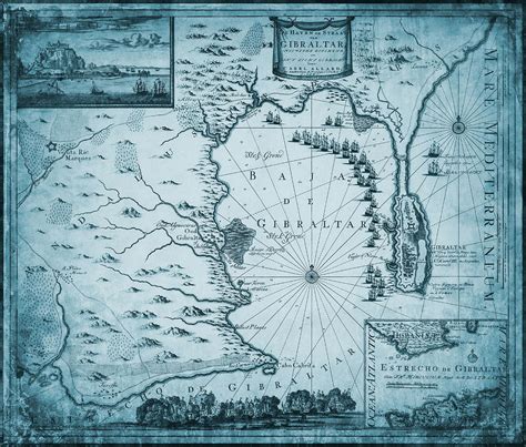 The Port and Strait of Gibraltar Vintage Nautical Map 1704 Blue ...