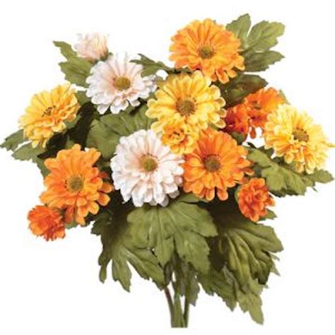 Small Artificial Spring Zinnia Bush X9 stems, 16" Yellow, Orange White, Orange Zinnias, Summer ...