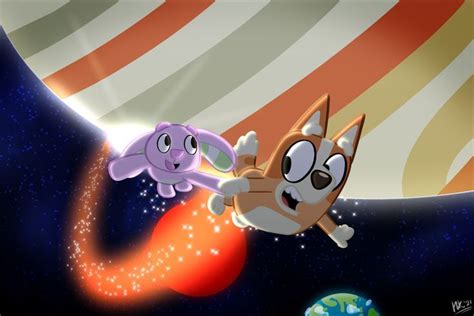 an animated cat and dog flying through the air in front of a space ...