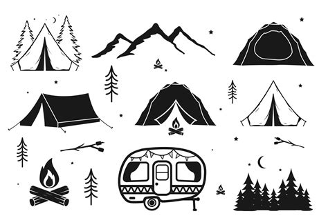 camping equipment silhouette collection set. tent, camp fire, hill, camping car, night camping ...