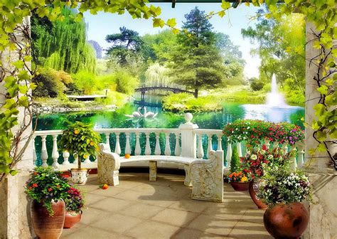 Garden scenery, view, relax, balcony, bonito, lake, swans, pond, paradise, arch, HD wallpaper ...