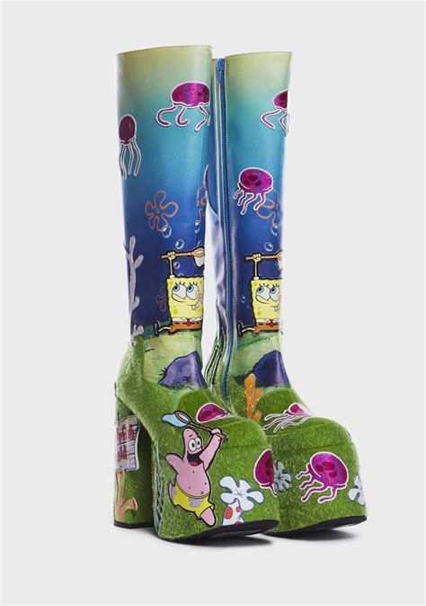 Dolls Kill x SpongeBob Fishing Print Knee High Platform Boots