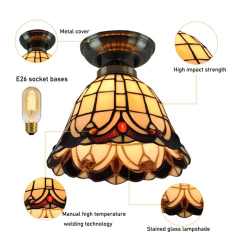 VINTAGE TIFFANY STYLE Stained Glass Flush Mount Ceiling Light Lamp ...