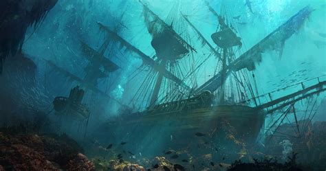 Wallpaper : drawing, fantasy art, sea, underwater, shipwreck, ghost ship, sinking ships, ocean ...