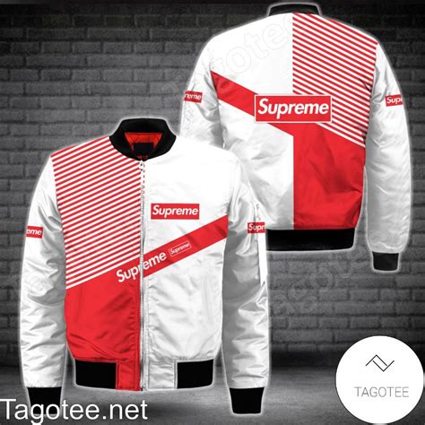 Supreme Red And White With Diagonal Stripes Bomber Jacket - Tagotee