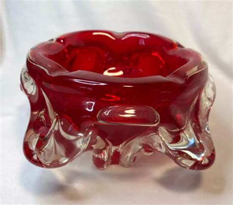 VINTAGE MID CENTURY Murano Heavy Red Clear Art Glass Ashtray Italian Art Glass $44.34 - PicClick
