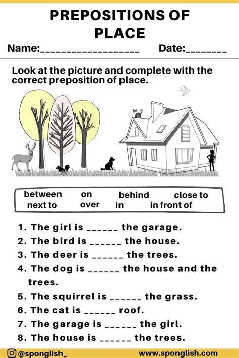 a worksheet with the words prepositions of place in front of a house