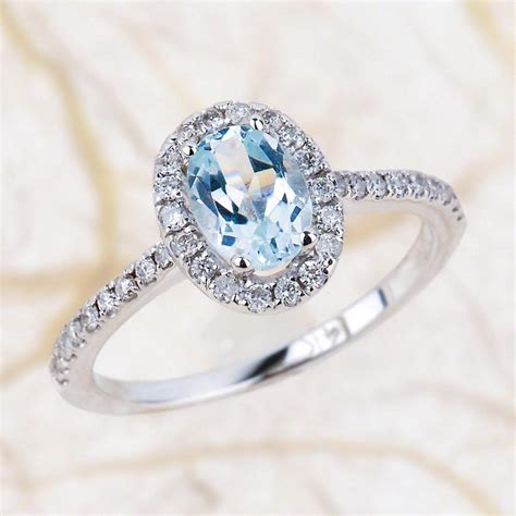 Aquamarine Engagement Ring - 7x5mm Oval Aquamarine Wedding Ring Halo Diamond Ring - 14k White ...