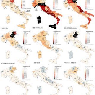 Map showing average hospitalization rates (color of country map) and ...