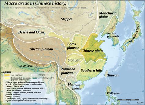 Topographic map of East Asia, with historical areas and macro-regions of China depicted ...