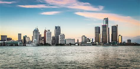 Detroit City Skyline at dusk as viewed from Windsor, Ontario, Canada.