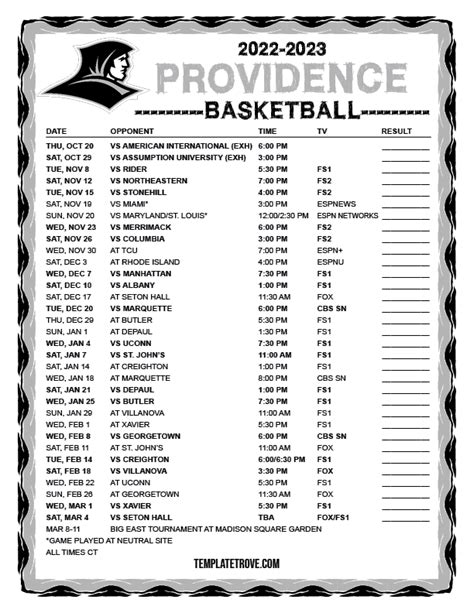 Printable 2022-2023 Providence Friars Basketball Schedule