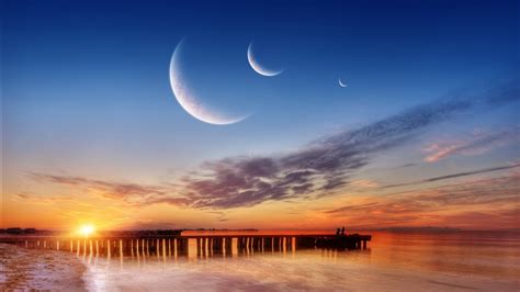 Wallpaper : sunset, reflection, sky, sunrise, Moon, evening, morning, horizon, atmosphere, dusk ...